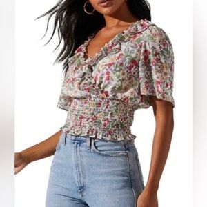 ASTR Cream and Pink Floral smocked surplice top size S